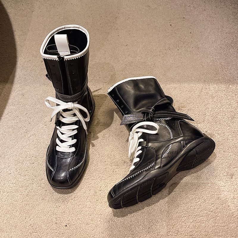 Height-Increasing Flat Boxing Women, Western Cowboy Boots, 2025 Spring And Autumn New Style, Suede Lace-Up Martin Boots_voghion.com