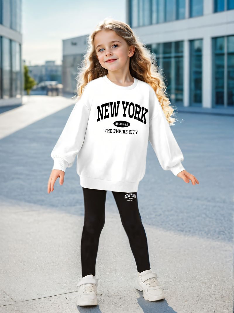 Anne & Çocuk INS Kız 2 Parça Set & Küçük Kız "NEW YORK" Baskılı Spor Sweatshirt Tayt Seti_voghion.com