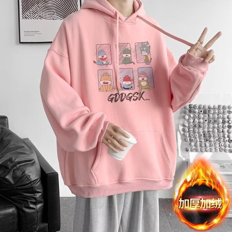 Felpa con cappuccio alla moda per studenti, versatile, foderata in pile, autunno inverno, nuova, 12_voghion.com