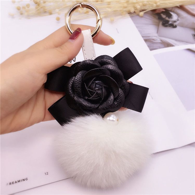 Korean Creative Bowknot Camellia Keychain Bag Pendant Women's Fox Fur Ball Key Ring Fashion Accessory_voghion.com