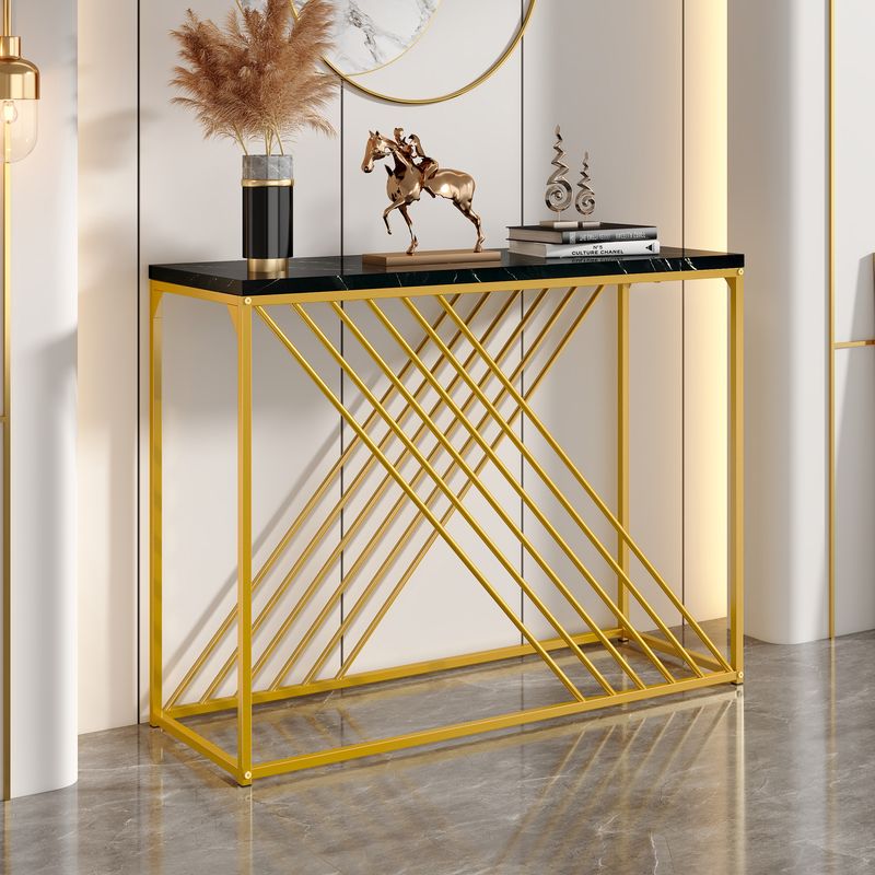 Console noire avec pieds dorés, 100 x 35 x 77 cm, table d'entrée en MDF brillant, table de couloir, buffet, table d'appoint, style vintage_voghion.com