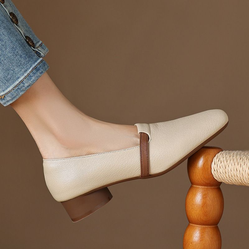 Sheepskin White Square Toe Loafers For Women Summer British Style Low Heel Single Shoes Soft Sole_voghion.com