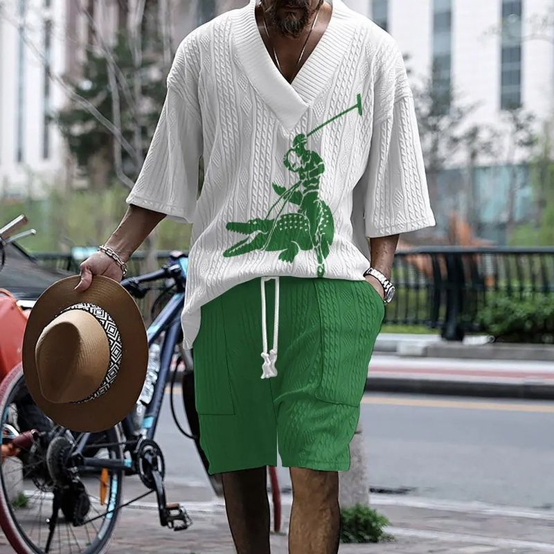 Herren Sommer Vielseitige V-Ausschnitt Dreiviertelärmel Shorts High-End Atmungsaktiv Casual 2024 Neues Set_voghion.com