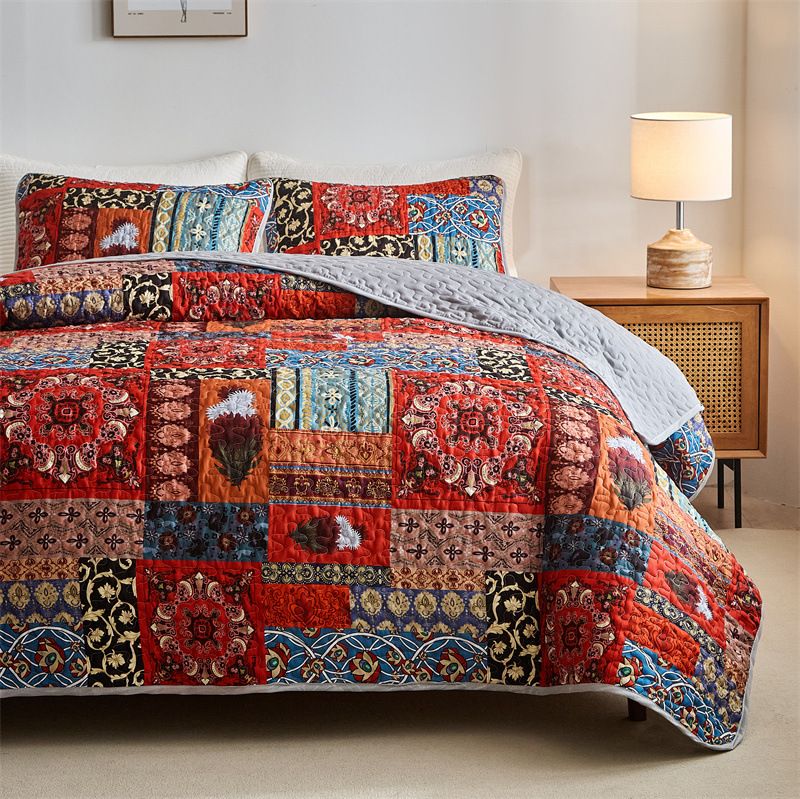 Zestaw narzut na łóżko w kwiaty w stylu boho – 3-częściowa, dwustronna poszewka na kołdrę (certyfikat OEKO-TEX®, nadruk cyfrowy) do sypialni w stylu boho i nowoczesnym stylu rustykalnym_voghion.com