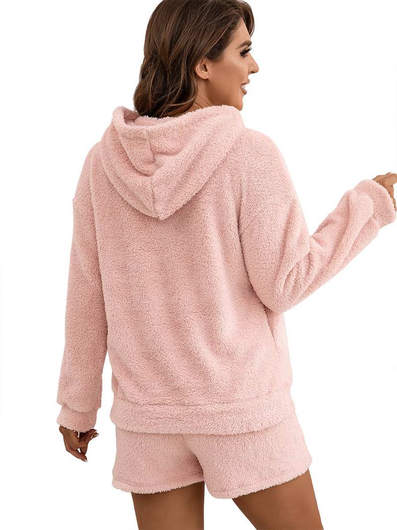 Pelziges Kapuzen-Sweatshirt-Set, lässige Heimkleidung, doppelseitiges Plüsch-Zweiteiler-Set für Damen_voghion.com
