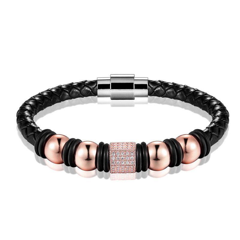 Pulseira masculina de couro trançado com zircônia dupla camada, versátil para mulheres_voghion.com