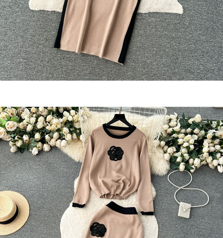 Zweiteiliger Anzug für Damen mit kontrastierendem Farbdesign, Rundhalsausschnitt, lockerem Langarm-T-Shirt und hoch tailliertem, schmalem, mittellangem Rock_voghion.com