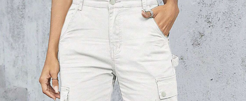 Damkläder Vita jeansoveraller Raka byxor med flera fickor_voghion.com