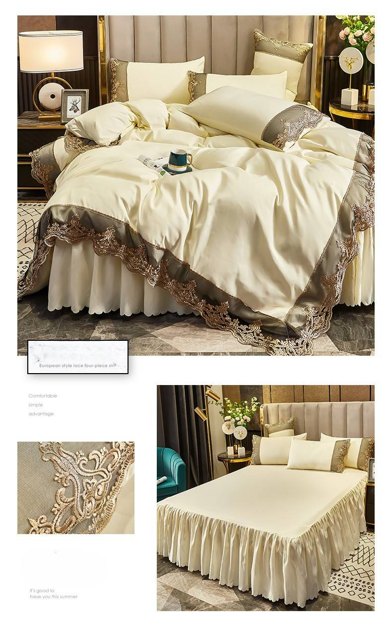 Set di quattro pezzi con gonna da letto in pizzo spazzolato Mona Light Luxury Collection Art Skin Friendly_voghion.com