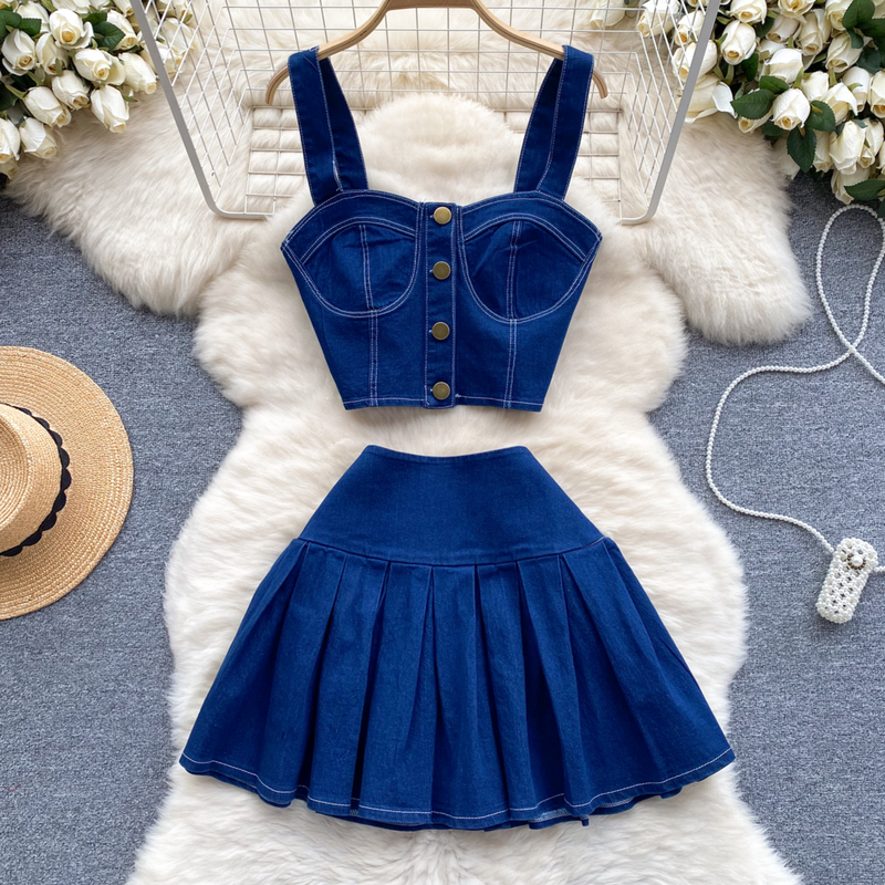 Roupas femininas estilo retrô, traje curto, camisola, minissaia versátil, jeans, terno de duas peças, moderno_voghion.com