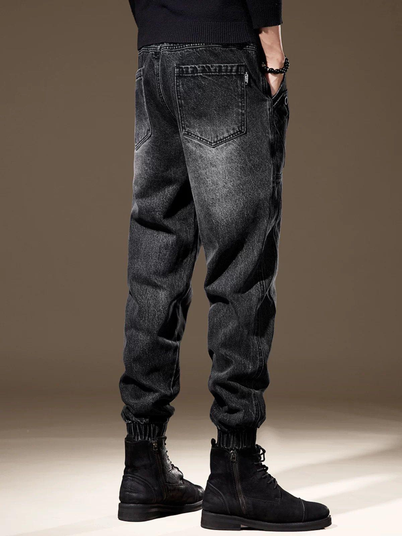 Abbigliamento da uomo Jeans jogger affusolati slim fit da uomo - Pantaloni in denim elasticizzato per abbigliamento casual da strada, elastico in vita in stile coreano (grigio scuro/blu)_voghion.com