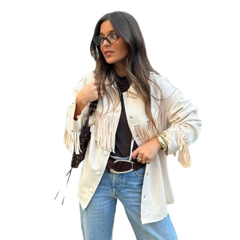 Bohemian Quasten-Wildlederjacke für Damen – Vintage-Mantel mit Fransenrevers (Weiß, S-L)_voghion.com