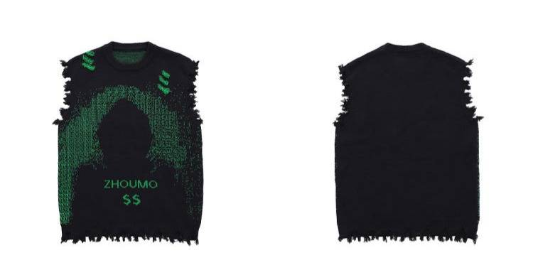 Unisex Distressed Knit Vest – Oversized Streetwear Sleeveless Sweater (M-XXL, Raw-Edge Detailing, Acrylic Jacquard, Layering Essential For Fall)_voghion.com