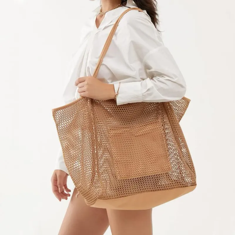Women Beach Mesh Large Capacity Foldable Hollow Sandproof Solid Swimming Grocery Toys Travel Tote Bag Vacation Use_voghion.com