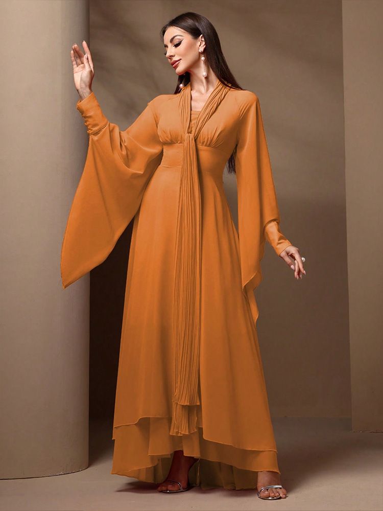 Women's Elegant Chiffon Maxi Dress With V-Neck, Lantern Sleeves & Ruffle Trim - A-Line High Waist Party Gown For Wedding, Evening Occasions (Orange)_voghion.com