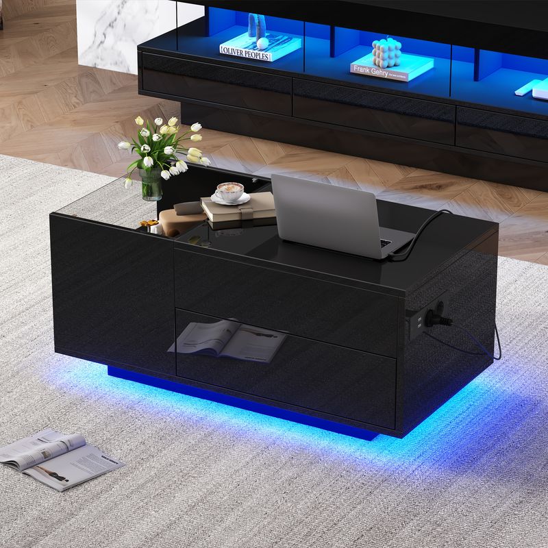 Table basse réglable en hauteur 95 x 48 x 42 cm avec rangement dissimulé, éclairage LED, tiroir et prise de courant - Table d'appoint de salon noire_voghion.com
