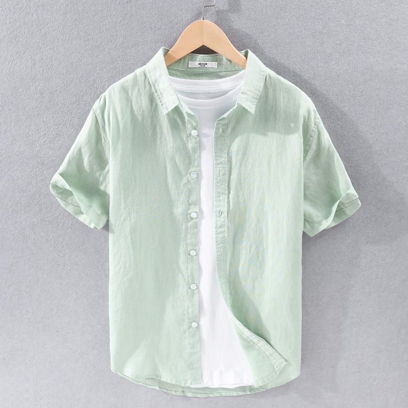 Camicia da uomo in lino, semplice e versatile, casual, in cotone e lino, a maniche corte, sottile, per ragazzi_voghion.com