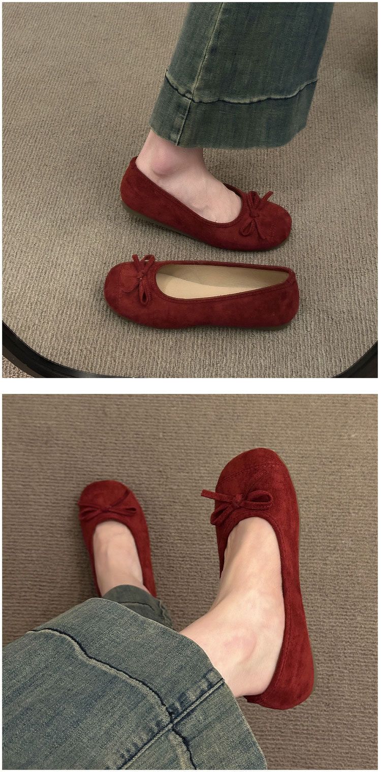 Retro Ballet Flat-soled Red Light-mouth Single Shoes Women's Suede Gentle Soft-soled Doudou Shoes One-pedal Ladyshoes_voghion.com