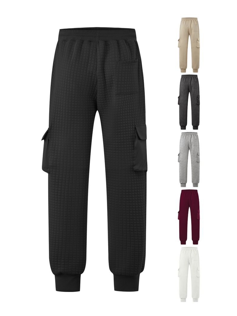 Men's Spring And Autumn New Thickened Multi-Pocket Jacquard Checkered Casual Cargo Pants_voghion.com