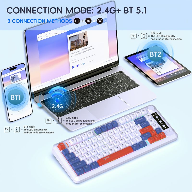 Three Mode Bluetooth Wireless Thin Film Keyboard Double Color Ball Cap 81 Keys Rechargeable Flashing Office Game Keyboard Spot_voghion.com