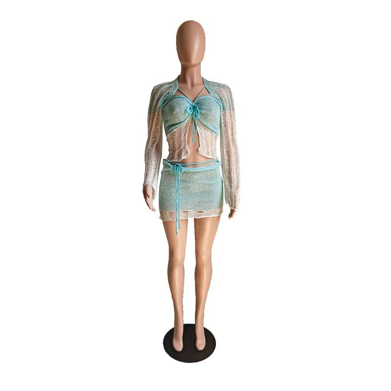 Women's Clothing Slit Navel Exposed Beaded Knitted Sweater Three Piece Suit_voghion.com