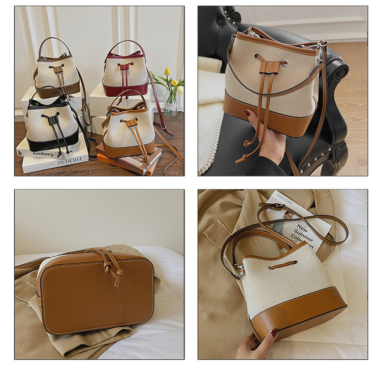 Borsa da donna 2023 Borsa nuova moda Borsa a tracolla Borsa a secchiello portatile in tela cucita con coulisse_voghion.com
