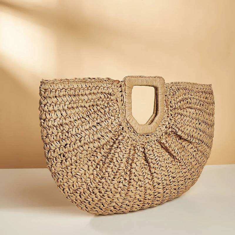Borsa tote shopper di grande capacità in rattan della Boemia Borsa da donna in vimini intrecciata firmata Moon Borsa a tracolla in paglia da spiaggia estiva_voghion.com