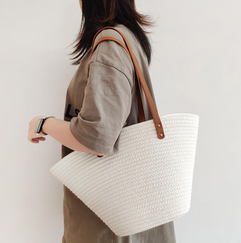 Women's Bags Simple Style Commuting Large Capacity Cotton Rope Woven Tote Women's Bag Beach Straw Bag Source Factory_voghion.com
