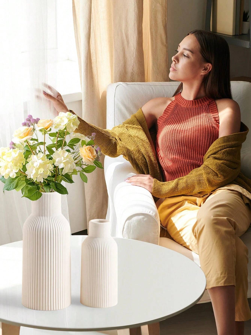 Jarrón de cerámica blanca, decoración minimalista moderna para el hogar, jarrón de hierba para mesa de comedor, estantería, porche y centro de mesa, estilo madera_voghion.com