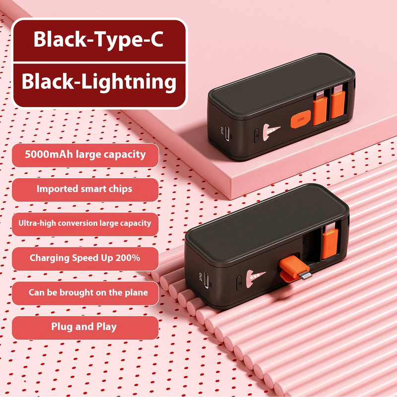 SEDALUO Mini Capsule Power Bank 5000mAh With Built-in Cable, Portable Fast Charging External Battery For IPhone & Android_voghion.com