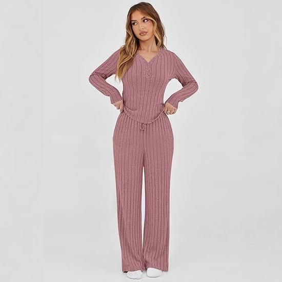 Ensemble de survêtement décontracté en tricot pour femme, haut à manches longues et pantalon ample, tenue deux pièces pour l'automne et l'hiver_voghion.com