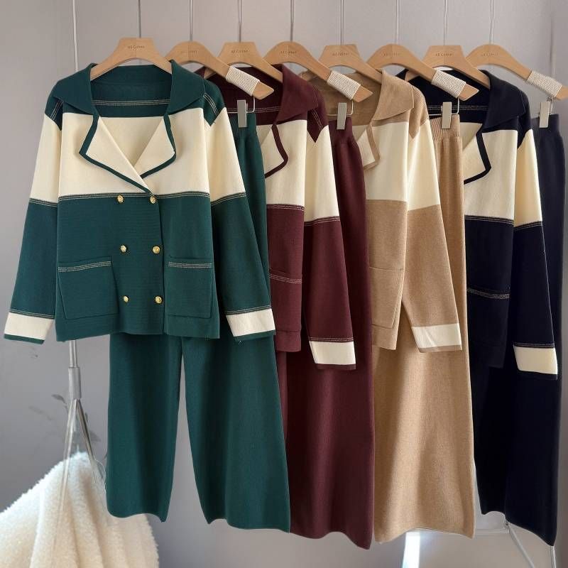 Stilvolles Damen-Set aus Strickblazer und Hose mit weitem Bein – zweireihiges, lässiges Büro-Zweiteiler-Outfit in Schwarz, Braun, Grün und Camel (Einheitsgröße)_voghion.com