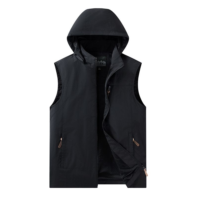Leichte Kapuzenweste für Herren – Atmungsaktive ärmellose Jacke aus Polyestercord für Outdoor- und Freizeitkleidung (Zweireiher, Reißverschlusstaschen, gestreift)_voghion.com