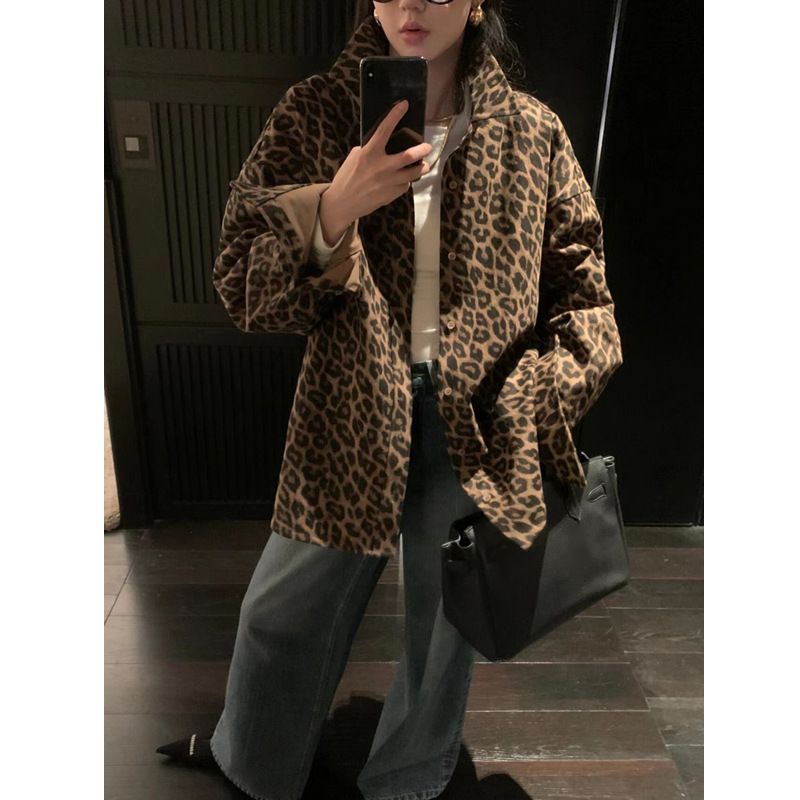 Women's American Retro Leopard Print Polo Collar Shirt Jacket For Women Early Autumn Lazy Style Loose Elegant Mid-Length Trench_voghion.com