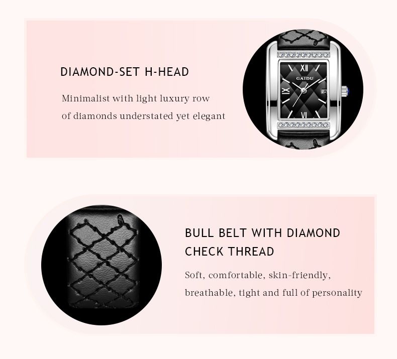 Relógio de quartzo quadrado elegante e retrô para mulheres - Relógio de pulso vintage minimalista com pulseira de couro e mostrador com padrão de diamante, relógio de nicho para deslocamento_voghion.com