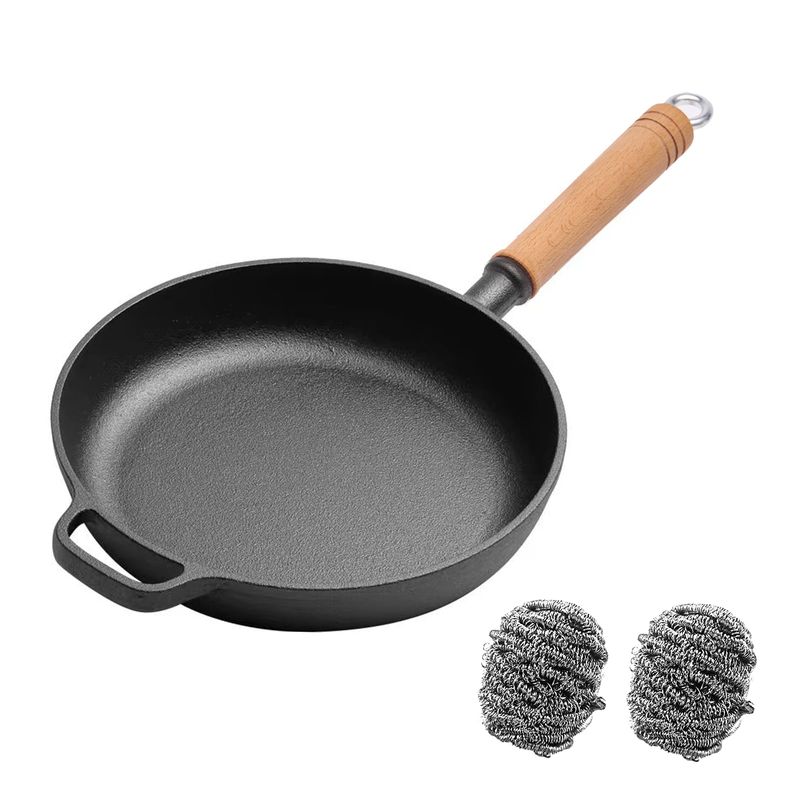 WANGYUANJI 8.7" Cast Iron Frying Pan, Non-stick Pan, Uncoated Pancake Skillet, Steak Frying Pan, With Wooden Handle, Household For All Stove, Free Steel Wire Ball_voghion.com