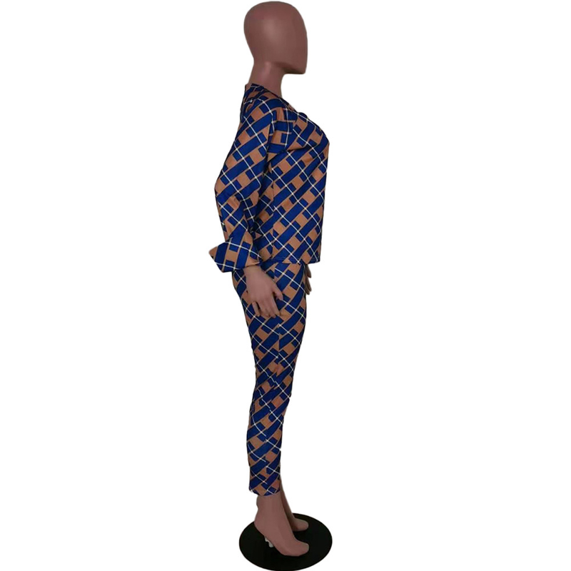 Explosieve losse blouse met lange mouwen en geruite broek, tweedelige set_voghion.com
