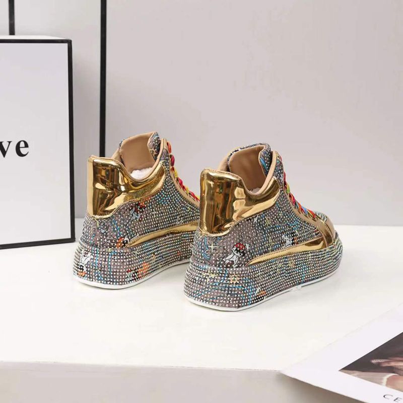 2025 New High Cut Thick Soled Crystal Full Women's Graffiti Trendy Diamond Shoes With Colorful Shoelaces, Comfortable_voghion.com