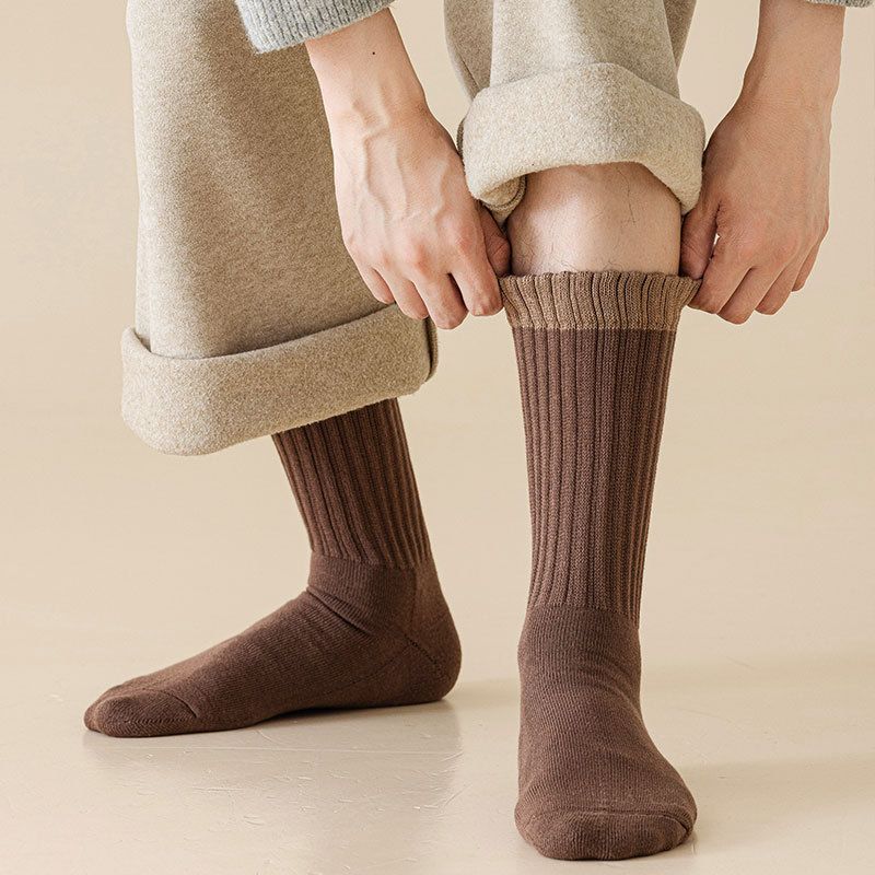 Nouvelles chaussettes d'automne et d'hiver pour hommes, chaussettes décontractées de couleur unie pour hommes, chaussettes en éponge, fond en serviette, chaussettes mi-tubes épaisses et polyvalentes_voghion.com
