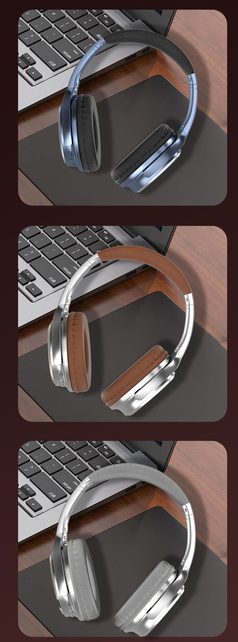 Cuffie Bluetooth wireless in stile vintage VJ901 con tecnologia 6.0, portata 10 m, autonomia 8 ore, impermeabilità IPX4 - Nero/Argento-Marrone/Rosso/Blu/Argento puro_voghion.com