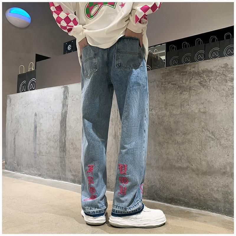 Jeans im amerikanischen Stil für Herren, Herbst-Design, High Street-Modemarke, bestickt, vielseitig, locker, gerades Bein_voghion.com