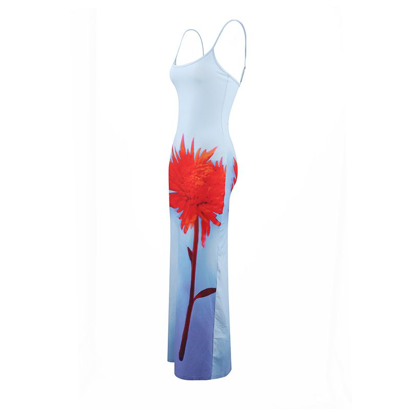 Damenbekleidung Sommer Neu Sexy Hosenträger Blumendruck Schlankes langes Kleid_voghion.com