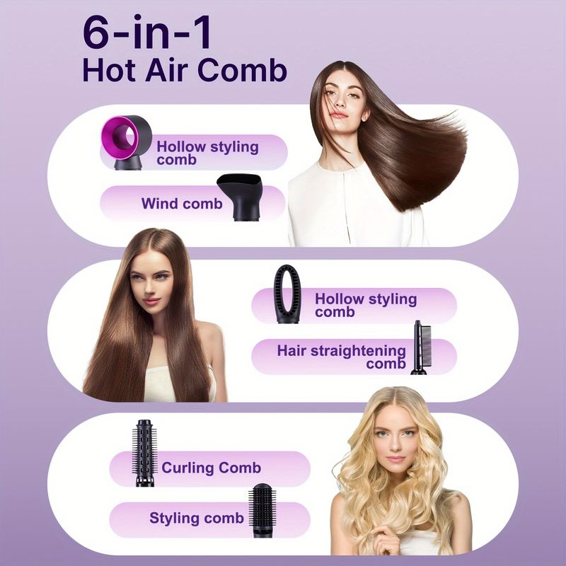 Set asciugacapelli 6 in 1, in grado di asciugare rapidamente i capelli, dispositivo automatico per arricciare e lisciare, 3 velocità regolabili,_voghion.com
