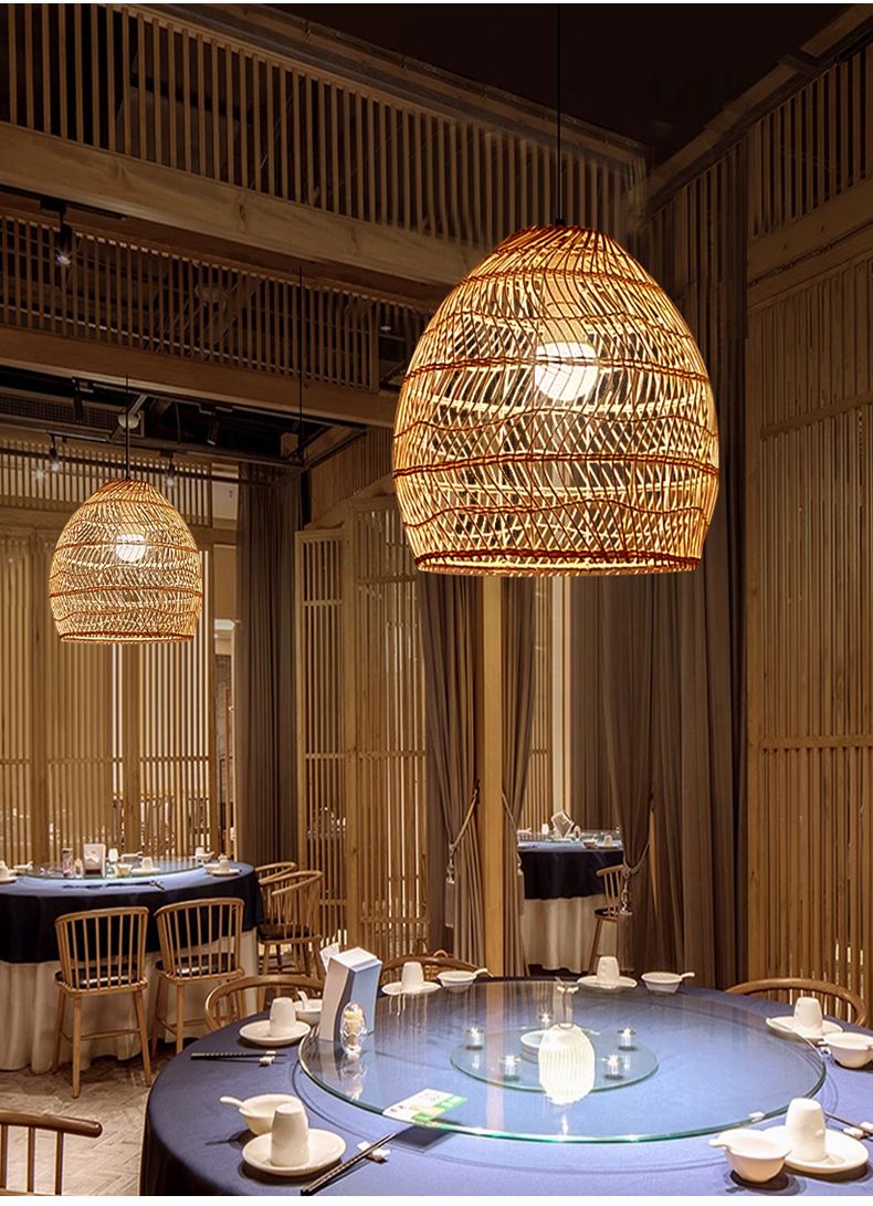 Bamboo Woven New Chinese Tea Room Zen Japanese Style Creative Personality Straw Hat Lamp Restaurant Pendant Light_voghion.com