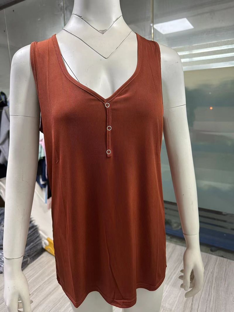 2025 New Women's Button Vest Solid Color V-neck Sleeveless T-shirt Top Creative Creation_voghion.com