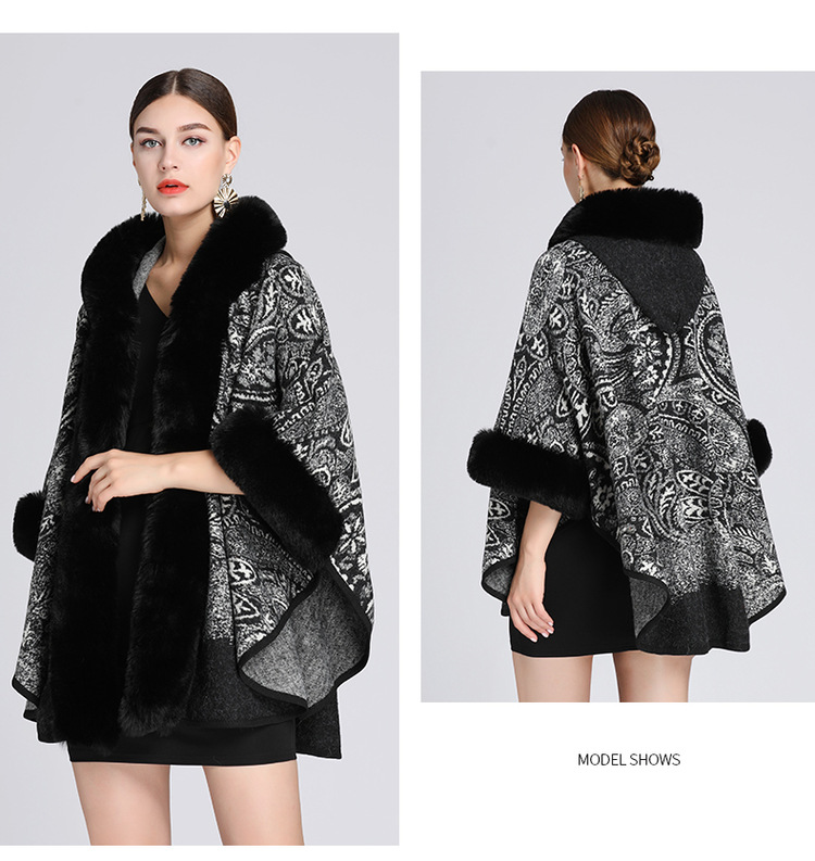 Cardigan in lana di grandi dimensioni con collo a scialle con cappuccio jacquard in pelliccia di coniglio rex di nuovo stile per donna_voghion.com