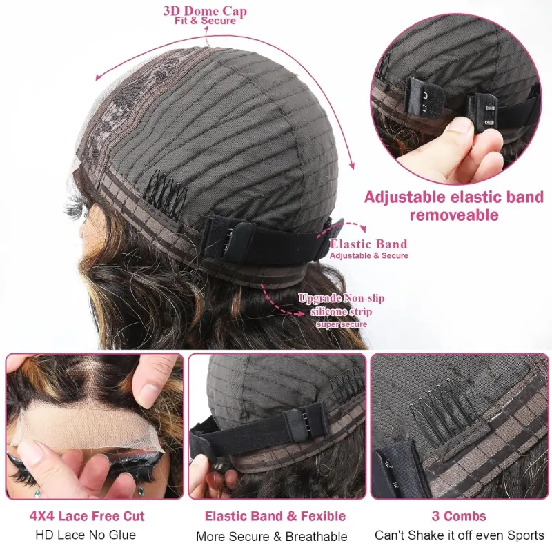 Parrucche con chiusura in pizzo frontale con capelli umani e meches bionde, onda del corpo colorata_voghion.com