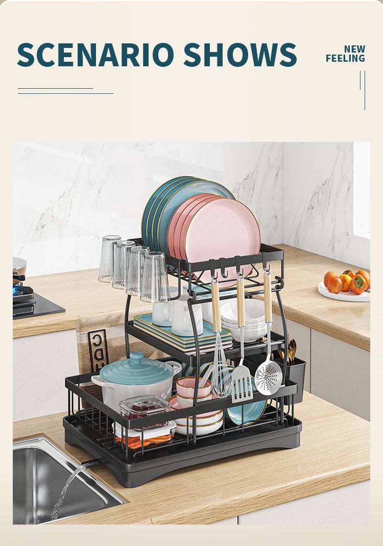 Kitchen Bowl Rack Household Anti-rust Countertop Double-layer Draining Bowl Rack Multifunctional Bowl Storage Rack_voghion.com