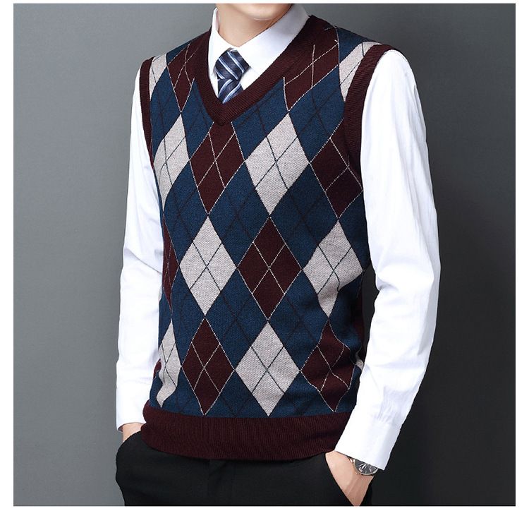 Ärmellose Pullunderweste aus Wollmischung für Herren mit V-Ausschnitt – Klassisches Karo- und Camouflage-Muster, Slim Fit, Freizeitkleidung für den Herbst_voghion.com