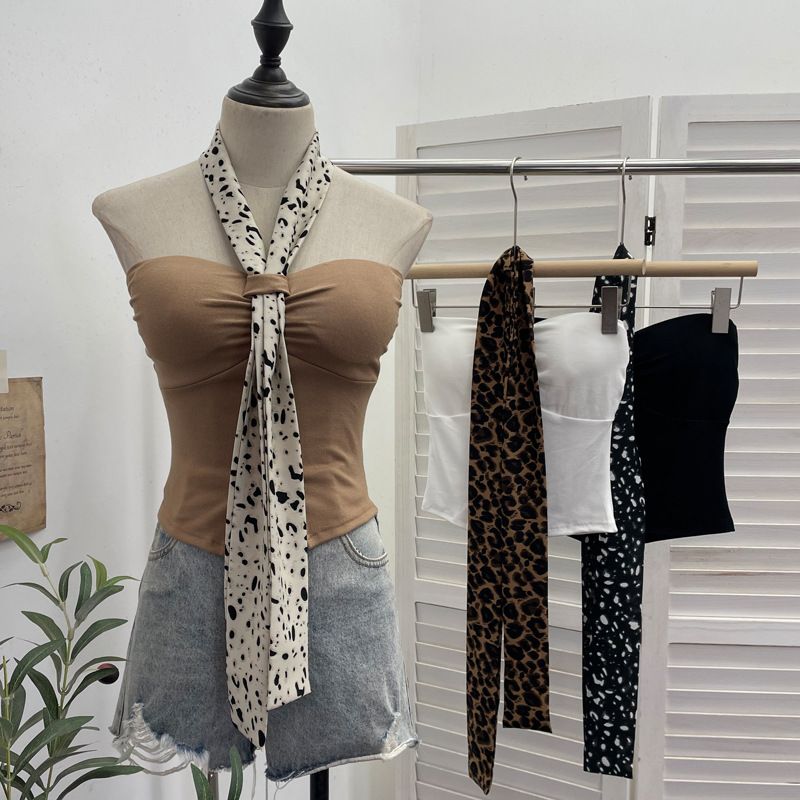 Schal mit Leopardenmuster und hängendem Halsdesign, plissierte trägerlose Weste mit Brustkissen, kurzes ärmelloses Oberteil für Damen 9206_voghion.com